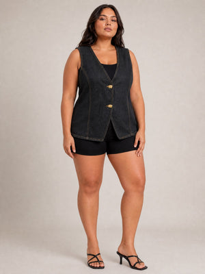 Black Denim Button-Front Vest