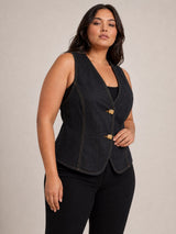 Black Denim Button-Front Vest