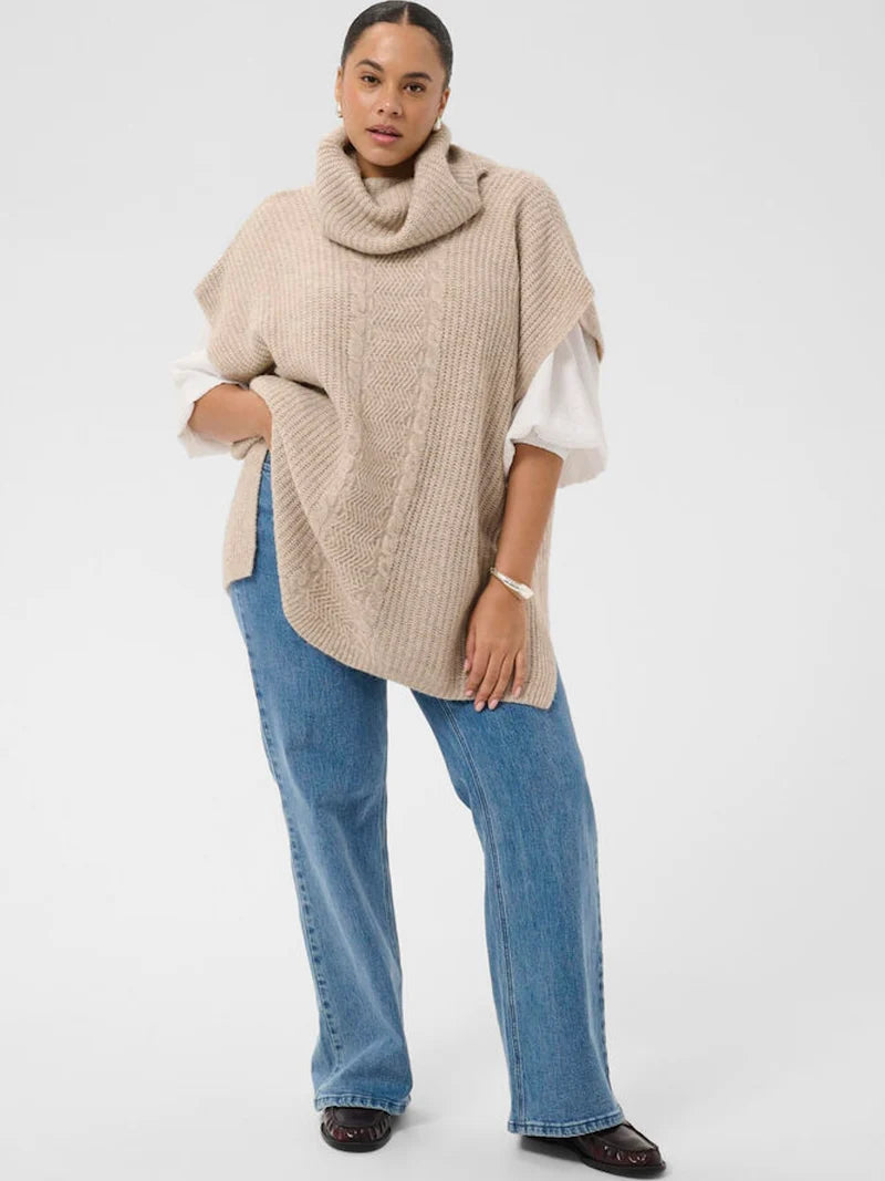 Gemütlicher Rollkragenponcho mit Zogelstrick - Camel