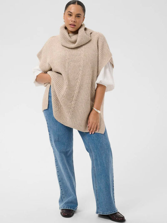 Gemütlicher Rollkragenponcho mit Zogelstrick - Camel